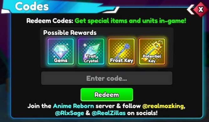 anime reborn codes